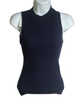 Scallop Trim Sweater Tank Womens Size XS Navy Blue Ribbed Knit Free Assembly